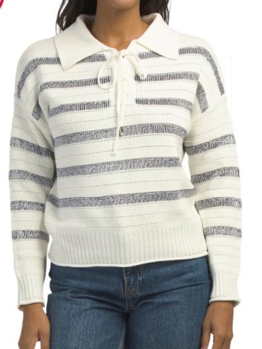 Lace Up Sweater/ivory/navy Large